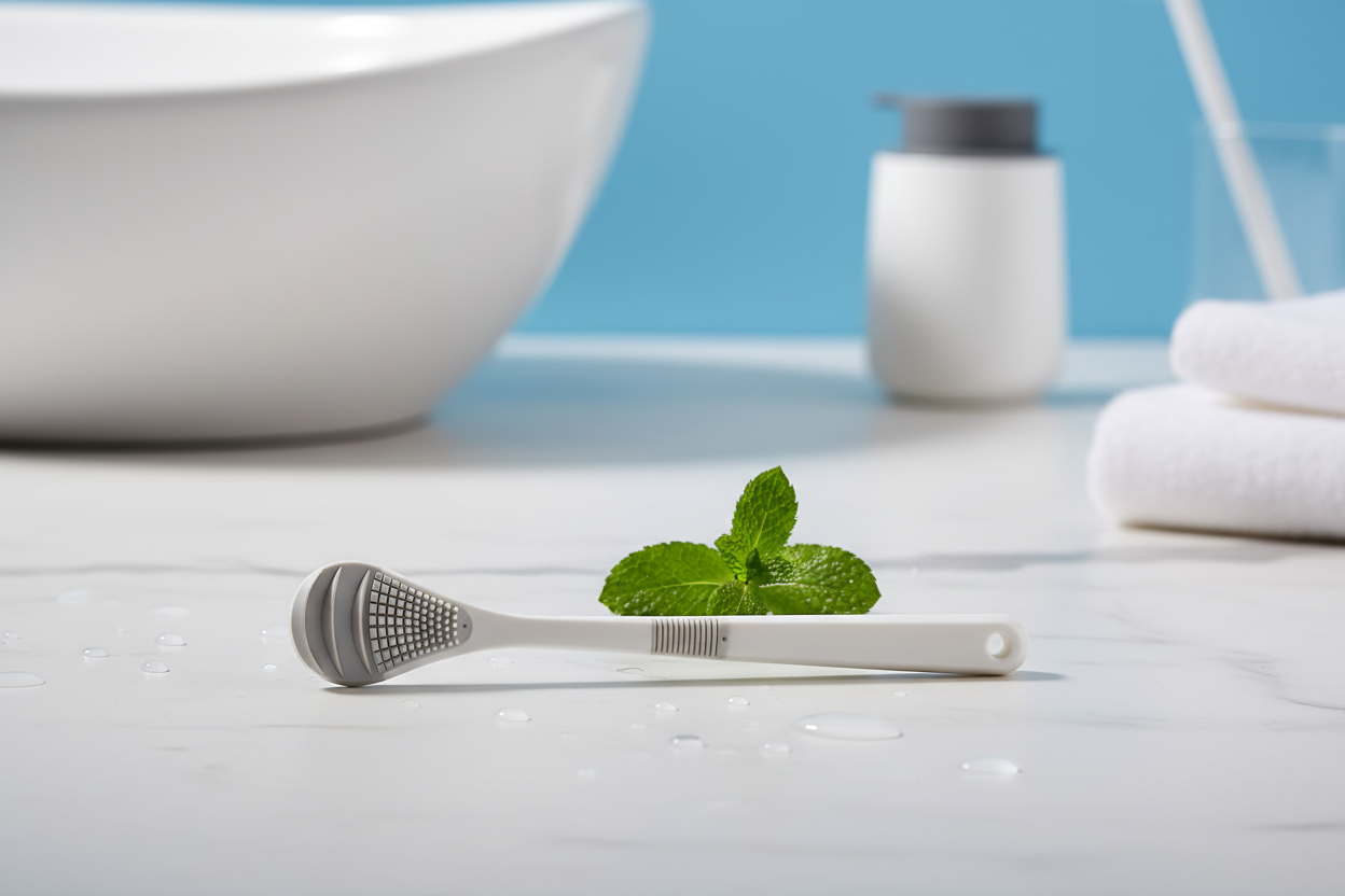 Tongue Cleaner in luxurious spa setting